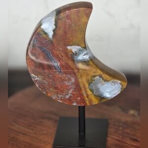 Red Moss Agate Crescent Moon On Black Stand , 4 Inch